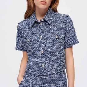 Maje Colly Short-Sleeved Marl Tweed Shirt in Blue Cotton NWT Size 1 / US Small